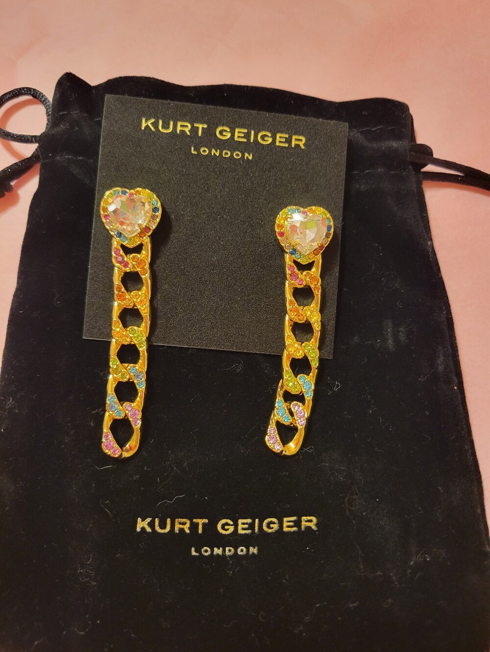 Kurt Geiger Gold-Tone Heart Chain Drop Earrings with Multicolor Stones